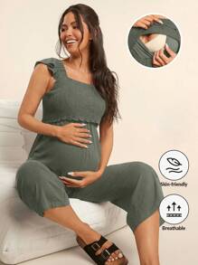 SHEIN Bộ đồ liền thân dài tay xếp nếp cổ vuông cho con bú dành cho bà bầu - xanh quân đội - Xem 1