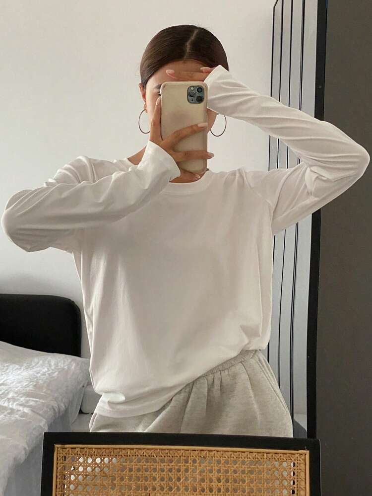 Women Solid Color Crew Neck Casual Long Sleeve T-Shirt,Fall Clothes