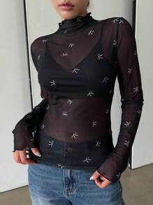 DAZY 女士夏季蝴蝶结印花立领长袖休闲衬衫外出上衣透明、返校服装、秋季女装 - 黑與白 - 查看 7