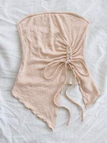 Soleia Ladies' Vacation Style Knit Tube Top, White & Apricot Colored Textured Bandeau Top With Slit And Drawstring, Perfect For Graduation Season Afternoon Tea Party Outfit