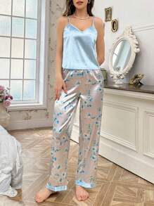 CottageSlumber 3pcs Contrast Floral Print Satin Cami Top & Pants And Robe Pajamas Set, Holiday Season, Fall Winter Clothes Cozy And Elegant Details - Baby Blue - View 7