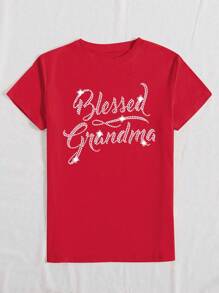 INAWLY Damen Lässig Rundhals Strass Buchstaben Muster Kurzarm T-Shirt für Neujahrskleider, Grafik-Tees Damen Oberteile - Rot - Übersicht 3