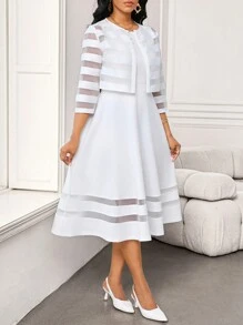 SHEIN Lady Conjunto de dos piezas de ropa casual de negocios para mujer: Cardigan corto elegante de encaje blanco y vestido entallado para mujer - Blanco - Ver 3