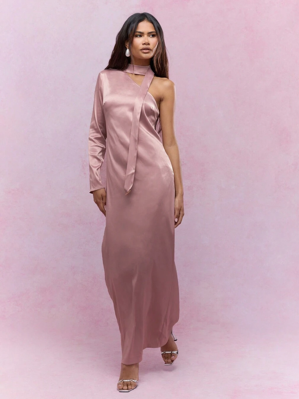 missguided pink satin dress MISSGUIDED Asymmetric Satin One Shoulder Long Sleeve Maxi Dress With Scarf｜ MISSGUIDED