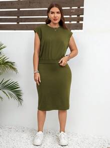 SHEIN LUNE 大码纯色圆领无袖上衣和打结下摆短裙 2 件套休闲套装 - 橄欖綠 - 查看 6