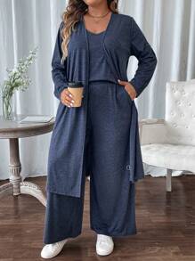 SHEIN LUNE Plus Size Women's Simple Solid Color Daily Wear Spaghetti Strap Jumpsuit And Long Sleeve Jacket 2pcs Set