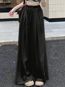 DAZY 女士纯色抽绳腰阔腿宽松休闲裤 - 黑色 - 查看 3