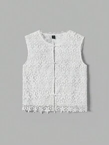 SHEIN MOD Veste de style vintage pour femme avec boucle en dentelle soluble blanche de style chinois. Vêtement vintage d'automne au style rétro des années 70 - Blanc - Voir 1