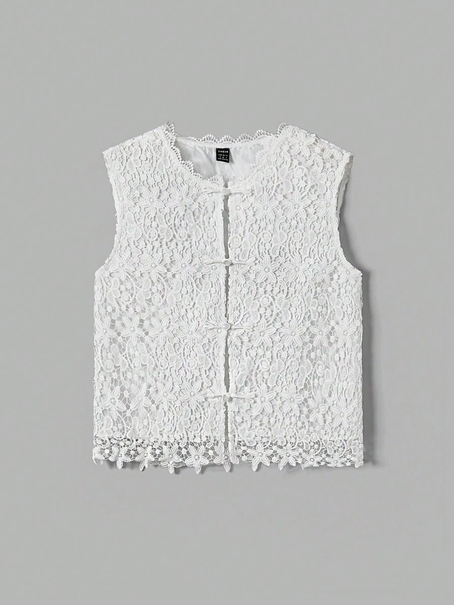 SHEIN MOD Veste de style vintage pour femme avec boucle en dentelle soluble blanche de style chinois. Vêtement vintage d'automne au style rétro des années 70 - Blanc - Voir 1