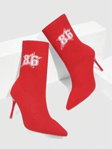 CUCCOO SZL Pointed Toe Thin High Heel Digital Print Fabric Minimalist Slip-On Mid-Calf Boots For Women, Red Halloween