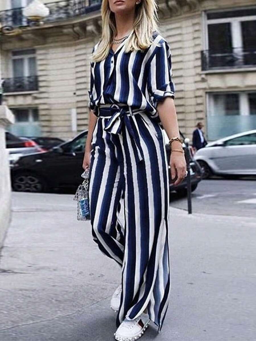 SHEIN Clasi Mono de rayas y estampado sencillo diario para mujer - Azul y blanco - Ver 1