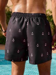 Palasendo Men's Beach Shorts Drawstring Waist Front Tie Pocket Allover Print Resort Casual Hawaiian, Men Swim Trunk Matching, Manfinity Vdayz Swim Trunks, Manfinity Swim Shorts, Black Swim Shorts Men - Black - View 2