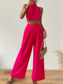 Chiquease Women's Solid Color Halter Top And Wide Leg Pants Set - Hot Pink - View 4