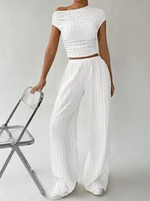 SHEIN EZwear 女士休闲纯色纹理不对称褶皱短款上衣和阔腿裤 2 件套，夏季 - 白色 - 查看 6