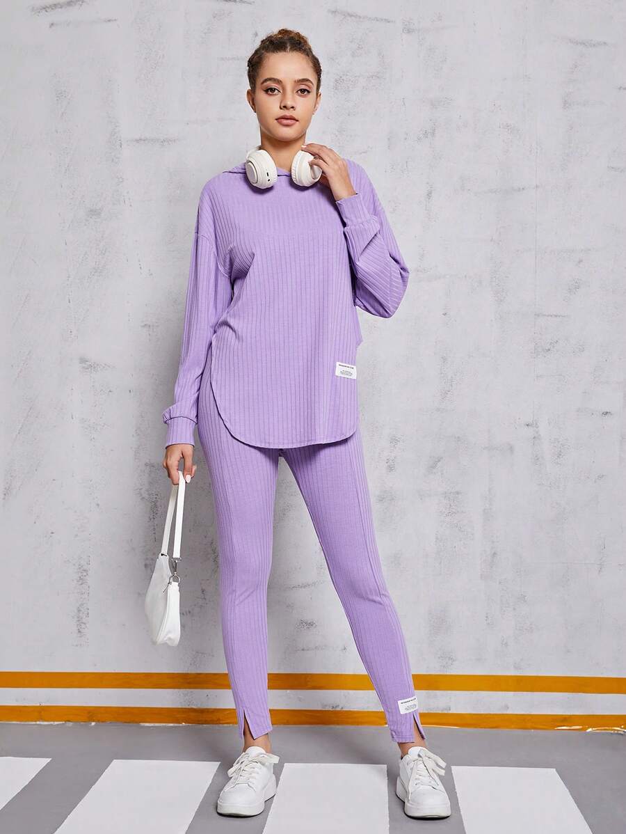 SHEIN Áo hoodie dệt kim có gân và quần dài hai mảnh thông thường cho các cô gái tuổi teen - Màu tím hoa cà - Xem 1