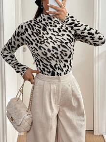 SHEIN Essnce Suéter de manga larga con estampado de leopardo para mujer, disfraz de leopardo de otoño - Multicolor - Ver 1