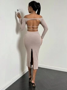 VaVaBold Vestido con hombros descubiertos, espalda con cortes y abertura lateral, manga larga, unicolor y sexy para mujer