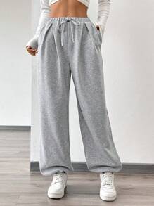 Chiquease Women's Solid Color Waist Tied Fleece Sweatpants - Grey - View 4