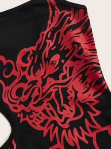 SHEIN ICON Y2k Slim-Fit Dragon Print Pattern Asymmetrical Hollow Out Waist Sleeveless Long Dress With Fishtail Hem Casual Outfits - Red and Black - View 3