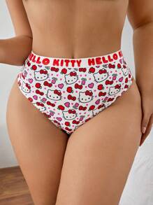 HELLO KITTY AND FRIENDS | SHEIN 2pcs/Pack Women's Plus Size White And Red Cute Kitty Cartoon Letter Printed Elastic Waist Comfy Panties
