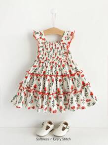Cozy Pixies Baby Girl Floral Print Ruffle Hem Waist Cinched Dress - Redwood - View 2