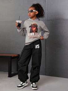 SHEIN Tween Girl Letter Graphic Flap Pocket Side Parachute Pants - Black - View 5