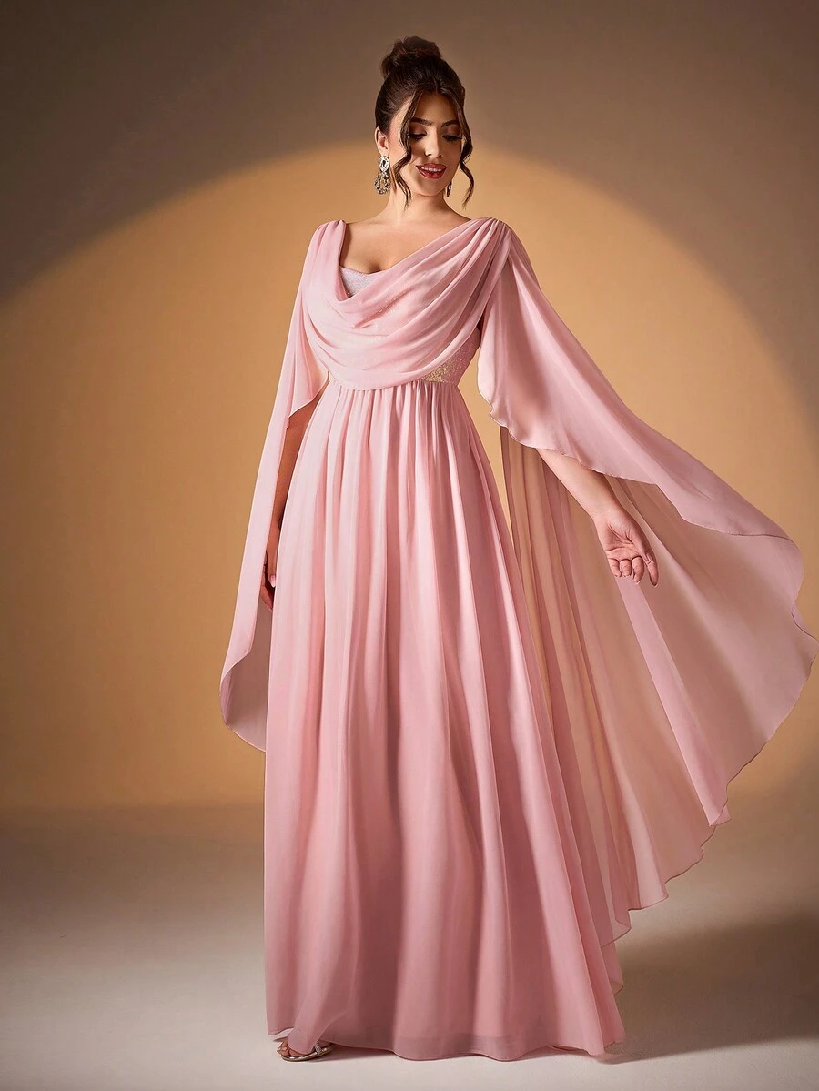 Vestido Longo de Festa de Formatura Semi-Formal para Convidados de Casamento, Elegante com Mangas Longas, Capa de Manga Pedra Pérola Lantejoula, Decote Drapeado, Vestido de Plus Size de Renda de Seda para Aniversário, Formatura, Homecoming - Damasco - Visão 1