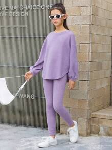 SHEIN 女大童落肩袖弧形下擺T恤和緊身褲 - 淺灰紫 - 查看 4