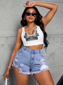 SHEIN SXY 大码无弹力时尚性感牛仔短裤 - 藍色 - 查看 3