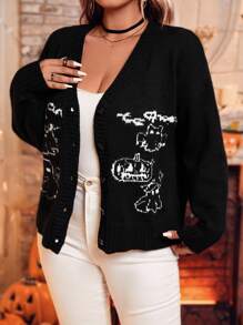 SHEIN LUNE Chaqueta de punto holgada de manga larga con estampado de letras y dibujos animados para mujer talla grande otoño/invierno