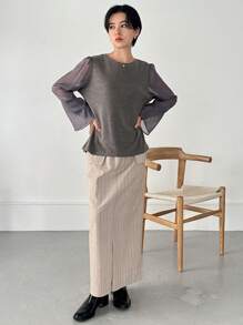 FRIFUL 女士弹力腰拉链半开襟工装口袋A字休闲长裙/铅笔裙 - 卡其色 - 查看 2