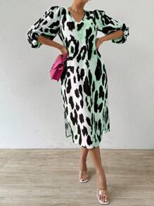 Chiquease V-Neck Lantern Sleeve Leopard Print Dress For Women - Multicolor - View 1