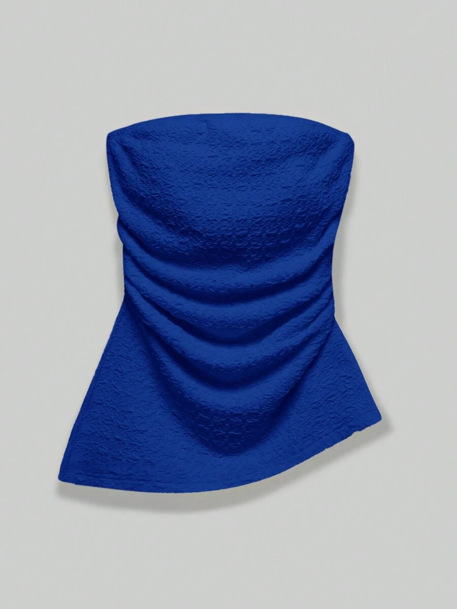 SHEIN EZwear 女士纹理纯色垂坠不对称下摆紧身胸衣上衣 - 寶藍色 - 查看 1