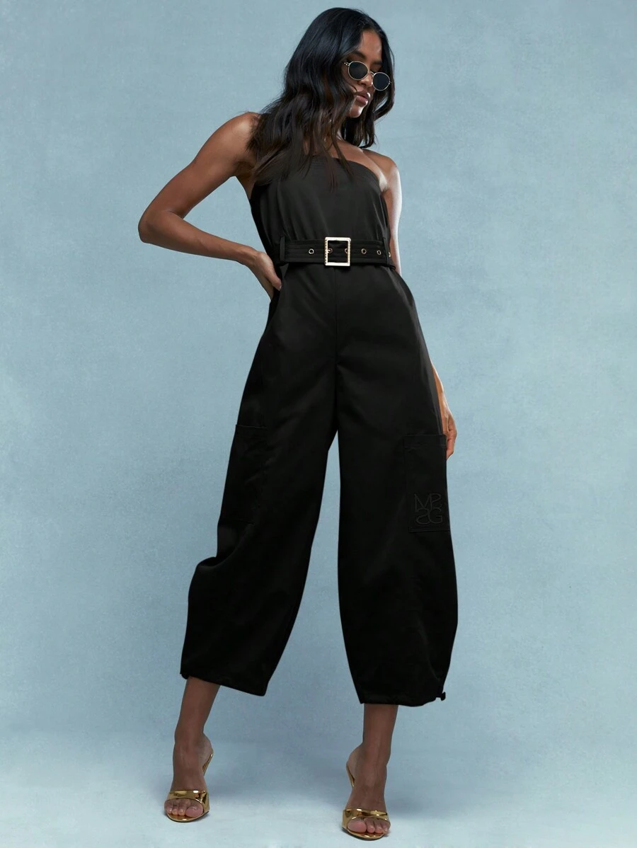 MISSGUIDED Embroidered Logo Zip Closure Bandeau Jumpsuit With Belt - Black - View 1