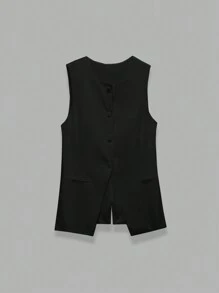 SHEIN EZwear Women Simple Solid Sleeveless Vest Jacket , Black