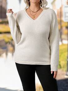 Plus Size Women's Solid Color V-Neck Long Sleeve Casual Pullover Sweater, Autumn Winter Knit Pullover Fall - Apricot - View 4