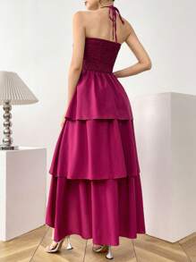 Modelyn Women's Solid Color Halter Backless Layered Sleeveless Dress - Red Violet - View 2