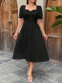 SHEIN Privé 白色简约泡泡袖方领 A 字中长连衣裙大码，夏季 - 黑色 - 查看 6