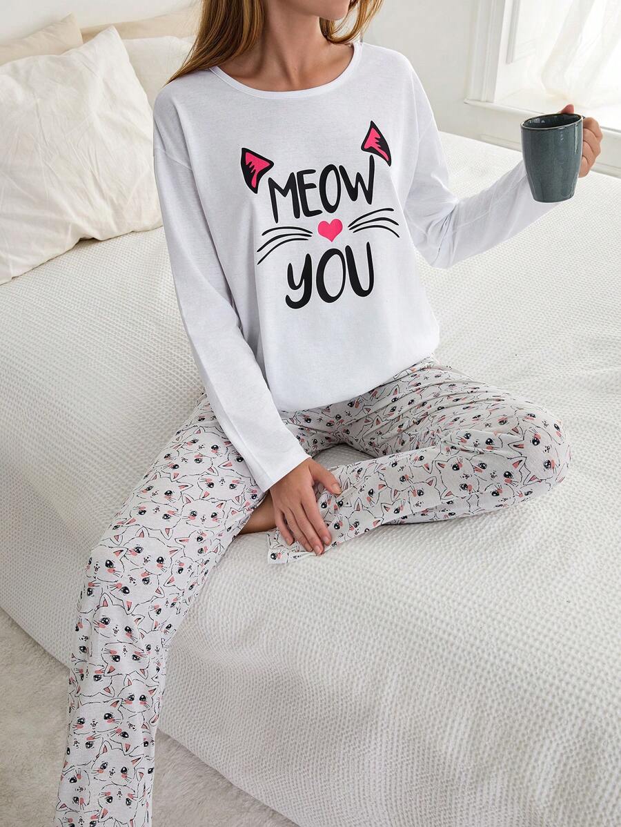 RueChic 2Pcs Cotton Cat Printes PJ Set White Set - White - View 1