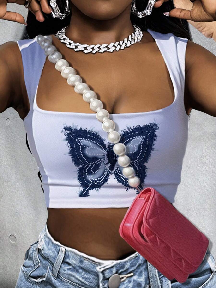 Slaydiva 女士简约蝴蝶印花方领背心，休闲夏装 - 白色 - 查看 1