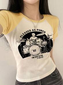 DAZY 女士圆领短袖人物与字母印花拼色紧身上衣