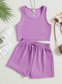 SHEIN Tween Girls' Knitted Fitted Cropped Tank Top And Shorts 2-Piece Set Summer Outfits