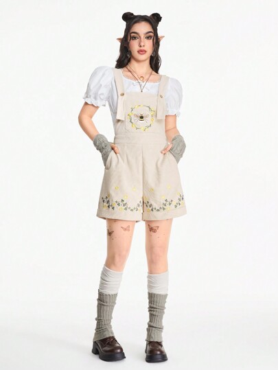 Fairycore Women's Summer Floral Vine & Bee Embroidered Cute Cottagecore Jumpsuit