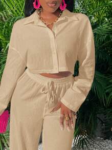 Slaydiva Bộ 2 món áo croptop dài tay màu trắng dáng rộng thoải mái dành cho nữ và quần ống rộng. - Màu be - Xem 6