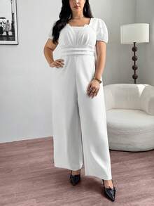 SHEIN Privé Cộng với kích thước Bộ áo liền quần màu trắng tay phồng giản dị và thanh lịch thoải mái có đường viền cổ cho phụ nữ, vừa vặn - trắng - Xem 6