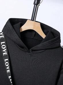 SHEIN 3-delige casual set voor jongens: zwart sweatshirt, zwarte broek, kaki crossbodytas