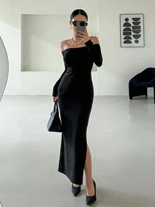 DAZY 女士露肩修身连衣裙，回归校园优雅风 - 黑色 - 查看 1