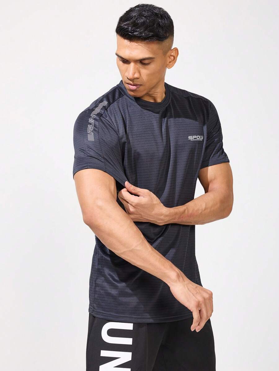 Coreblaze Boyfriend Style Men's Crew Neck Short Sleeve Letter Print Activewear Top, Casual Everyday Wear - Grey - View 1
