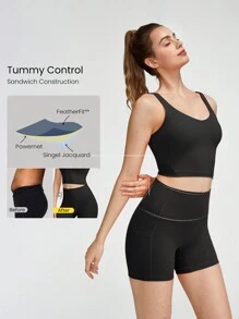 GLOWMODE طقم صهريج أنشطة قصير ظهر على شكل حرف U والشورت بسيطرة على البطن 4.3 بوصة، مناسب للتدريبات اليومية واليوجا منخفضة الأثر - الأسود - مشاهدة 4