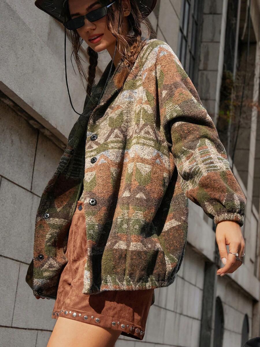 Bohemela Women Regular Vacation Jacquard Pattern Jacket - Army Green - View 1